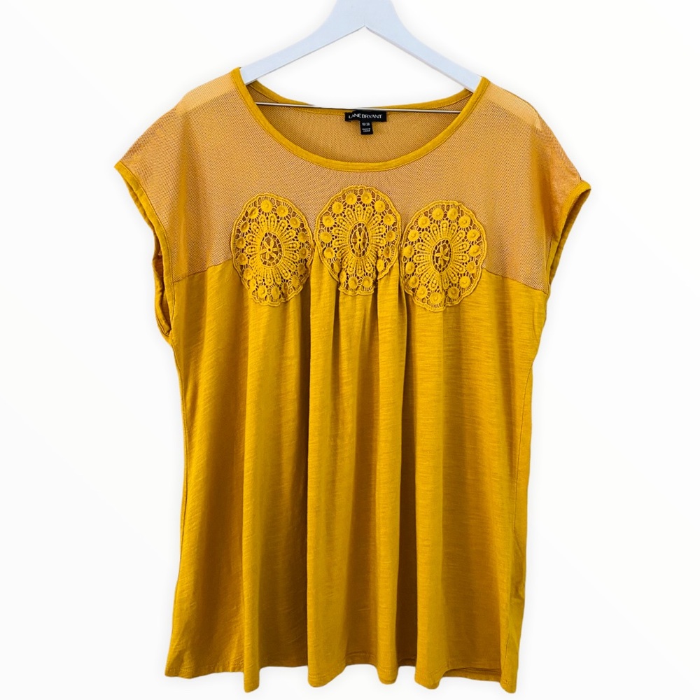 PLUS Lane Bryant Mustard Yellow Mesh Cotton Embroidered Tee Size 2X